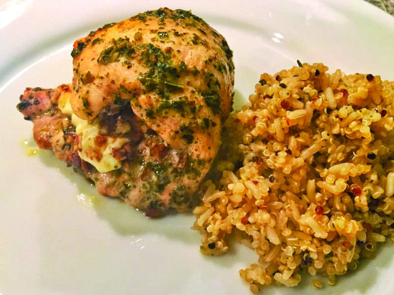 Baked Chicken with Goat Cheese, Pesto, and Glazed Pecans