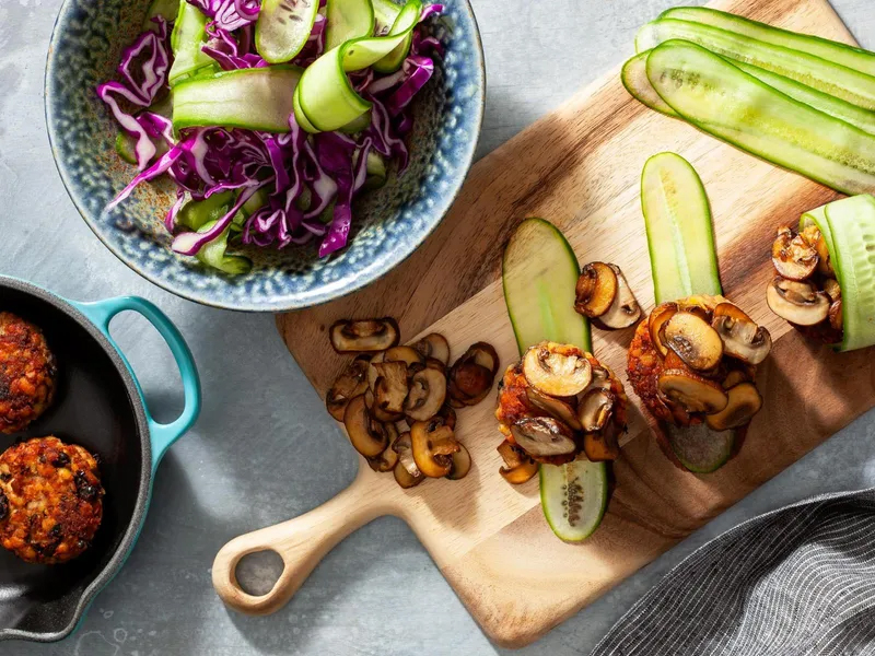 Bunless Tempeh-Black Bean Sliders with Cucumber Slaw