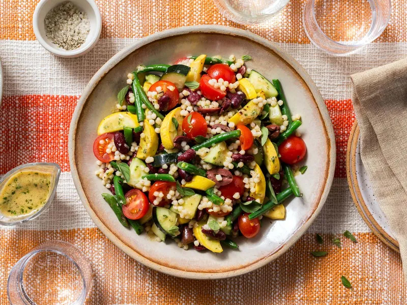 Warm Bean and Summer Squash Salad with Pearl Couscous