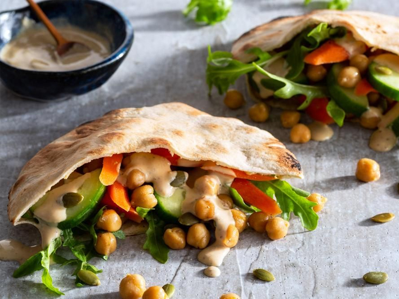 Chickpea and Carrot Pita Pockets with Cumin-Lime Tahini